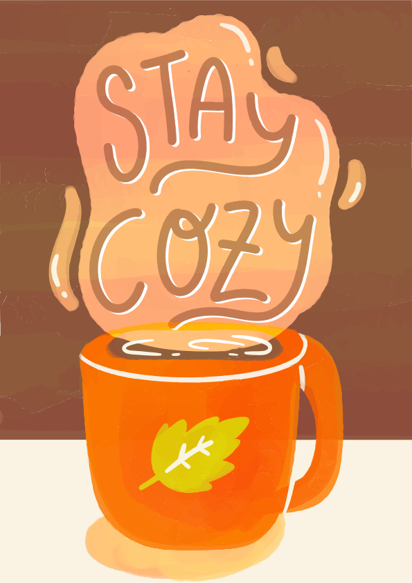 An orange mug with a leaf design and steam reading stay cozy