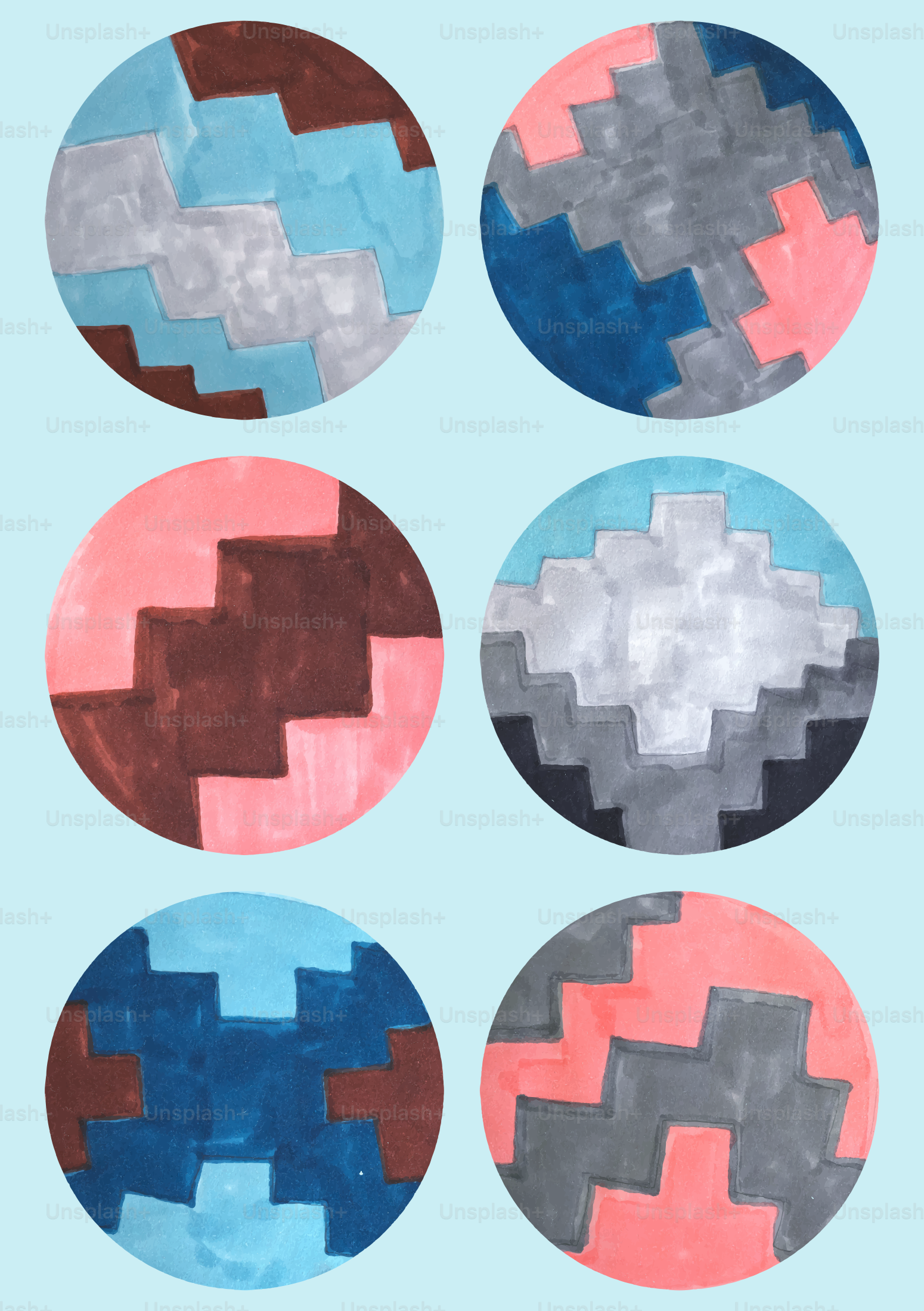 Enam ilustrasi melingkar dengan pola geometris berwarna-warni dengan tepi bertingkat di latar biru muda