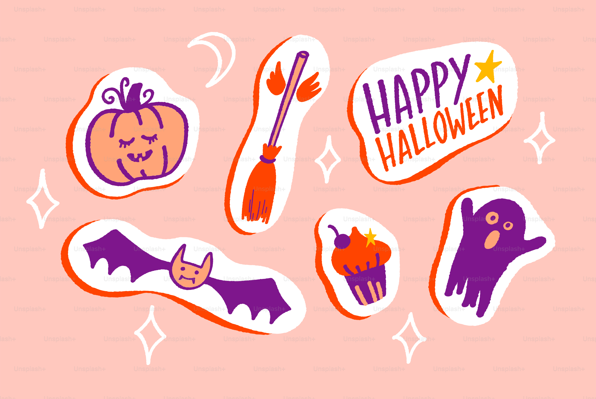 Halloween stickers with ghost and cat - Vector Illustration on Unsplash+