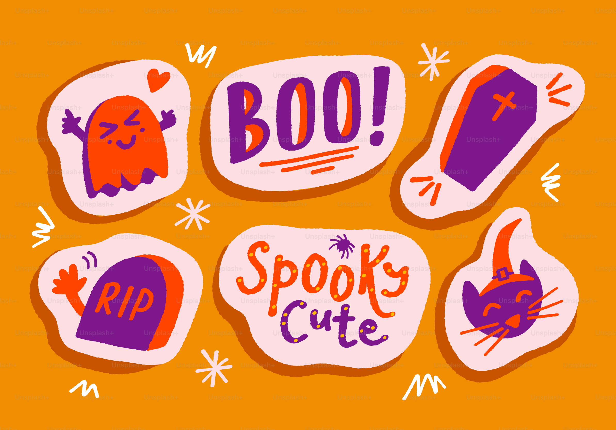 Halloween stickers with ghost and cat - Vector Illustration on Unsplash+