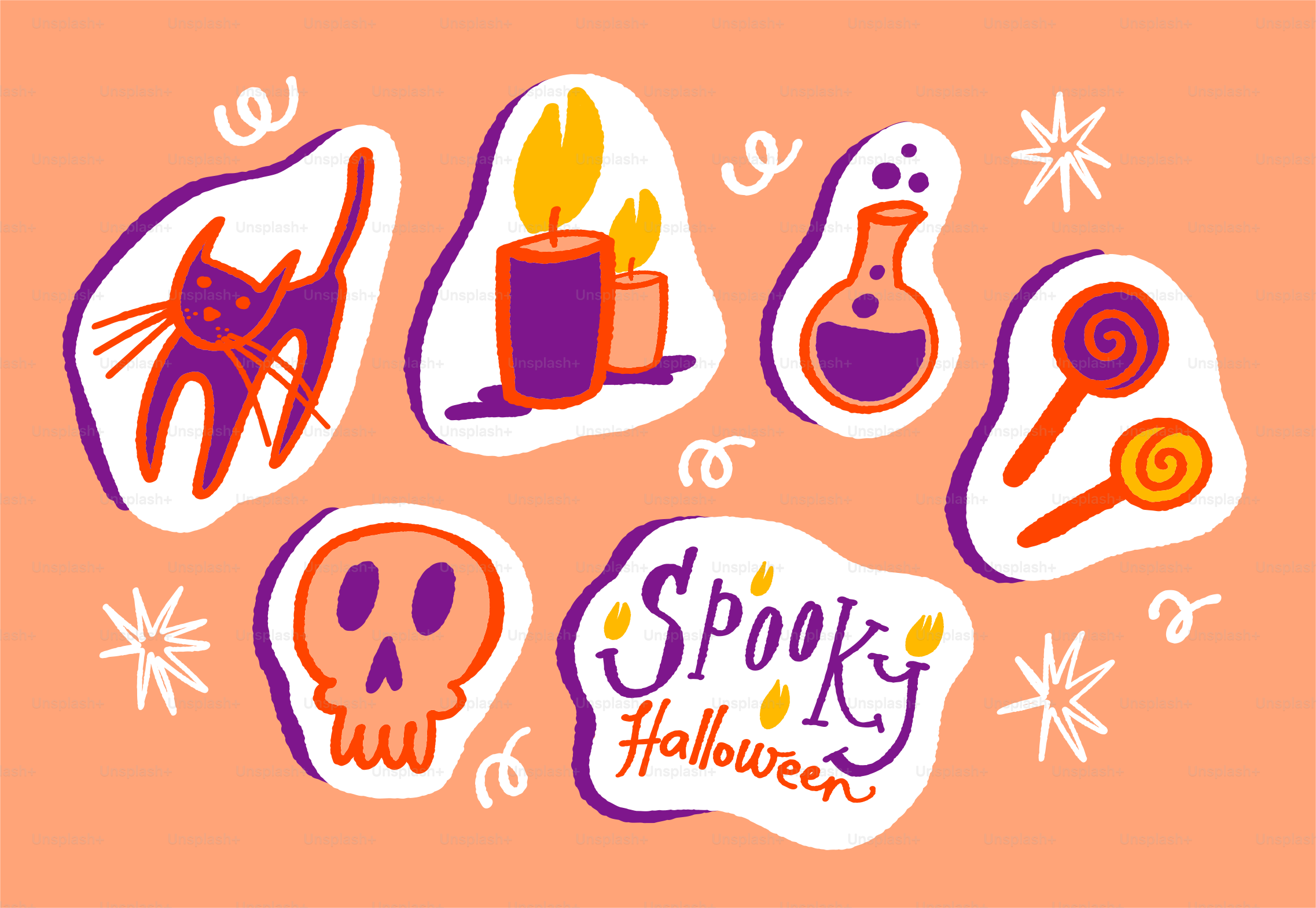Halloween stickers with ghost and cat - Vector Illustration on Unsplash+