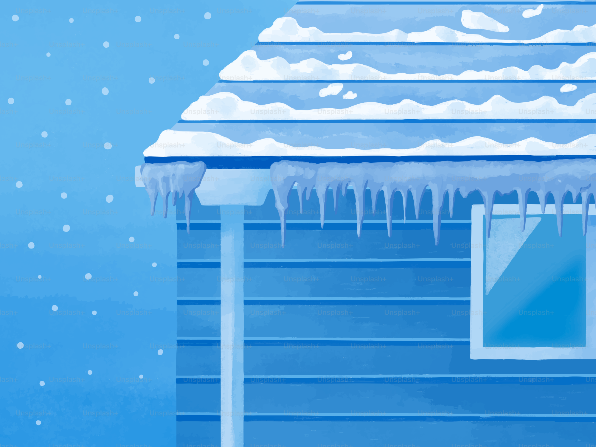 Une illustration d’un toit de maison bleu couvert de neige avec des stalactites suspendues pendant une chute de neige