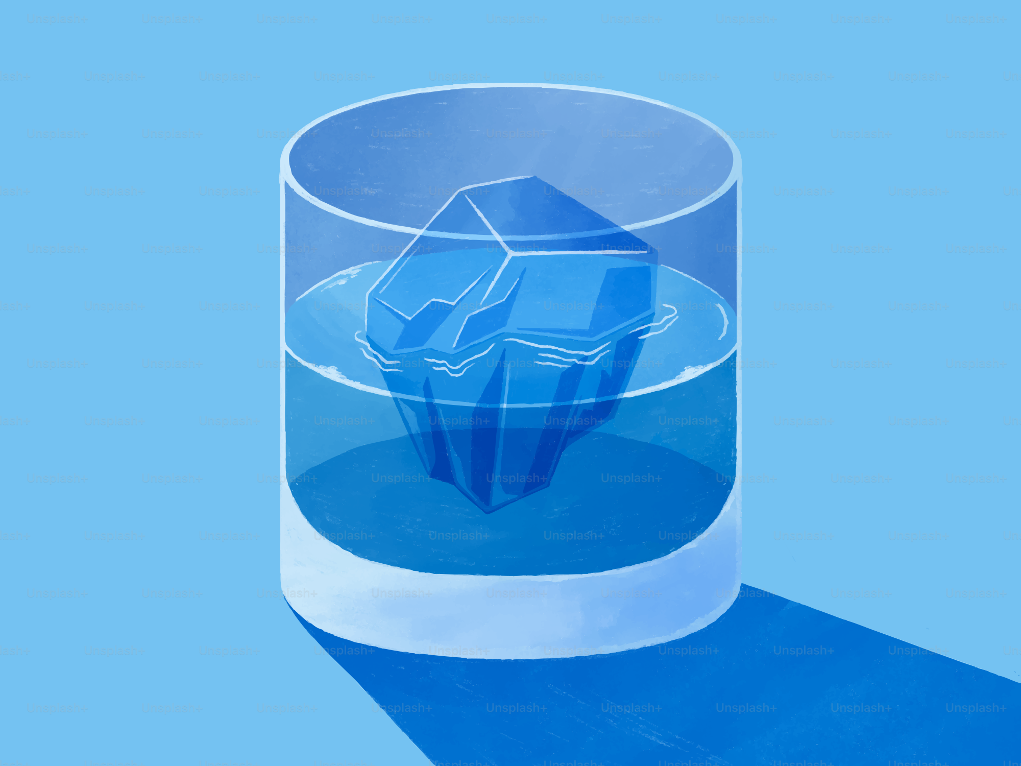 Une illustration d’un grand iceberg bleu flottant à l’intérieur d’un verre d’eau