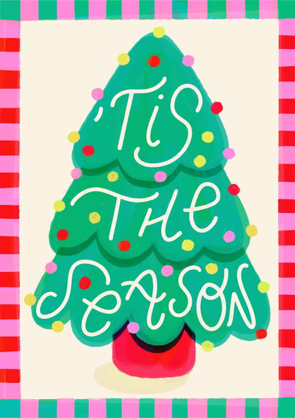 녹색 크리스마스 트리 일러스트와 다채로운 장식과 'Itis The Season'이라는 문구가 적혀 있습니다