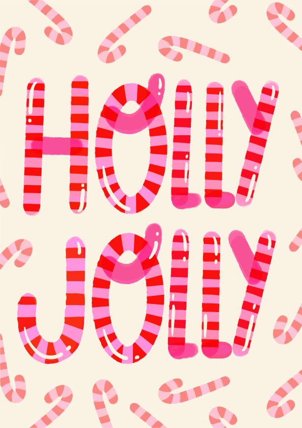 Kata-kata Holly Jolly dieja dengan tongkat permen bergaris merah dan merah muda
