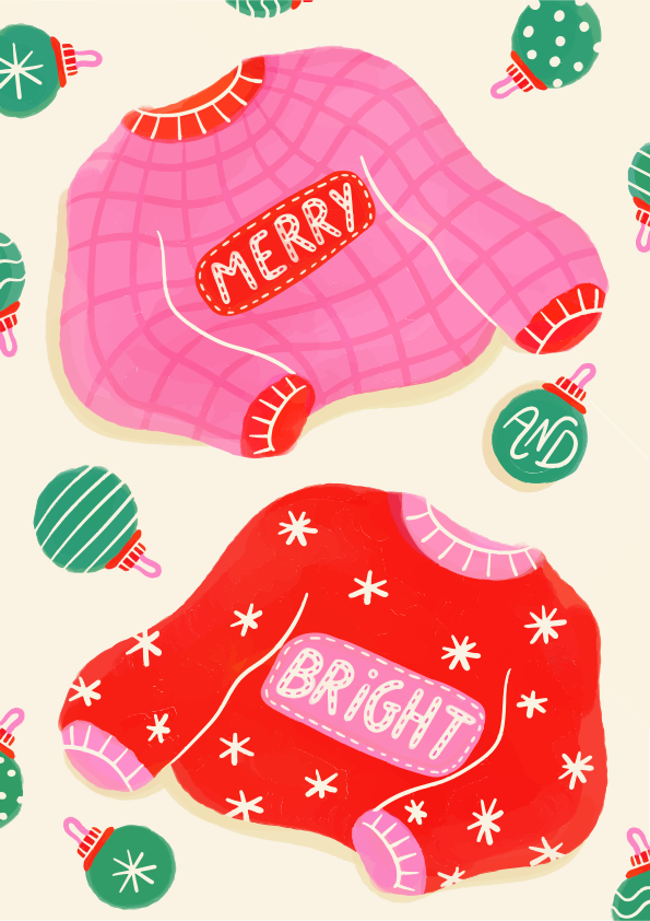 メリー・アンド・ブライトの文字と散らばったクリスマスオーナメントが描かれた2枚のセーターのイラスト