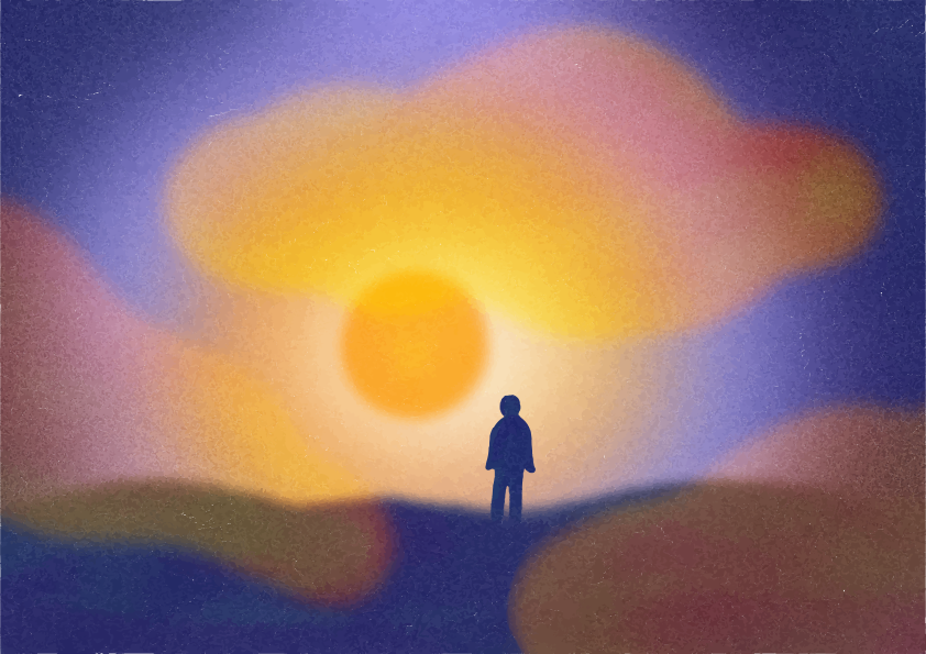 A person in silhouette against a soft gradient of yellow, orange, and purple