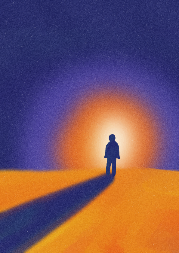 A person in silhouette against a bright orange glow on a yellow ground
