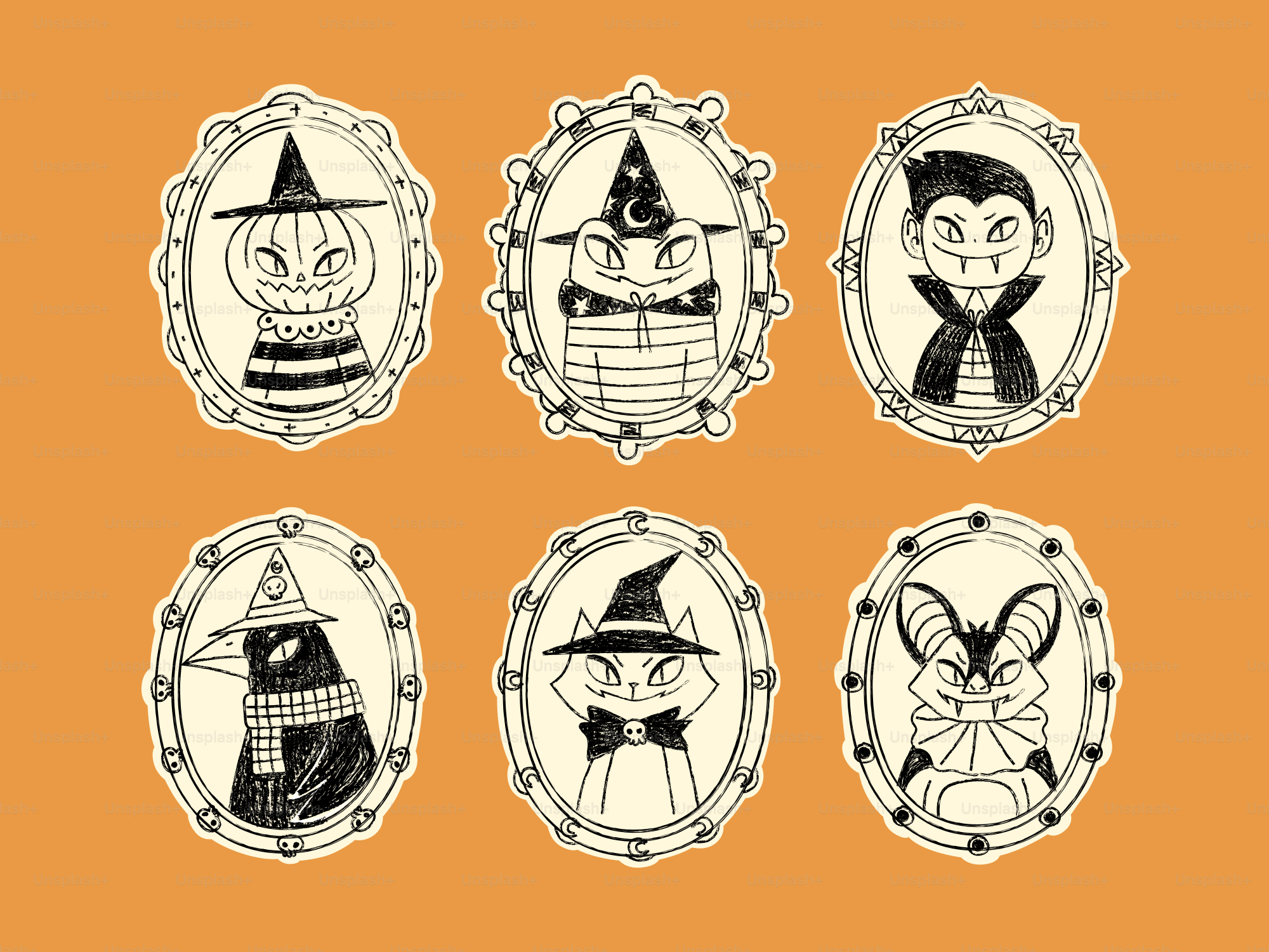 A line drawing of six Halloween characters in oval frames on an orange background
