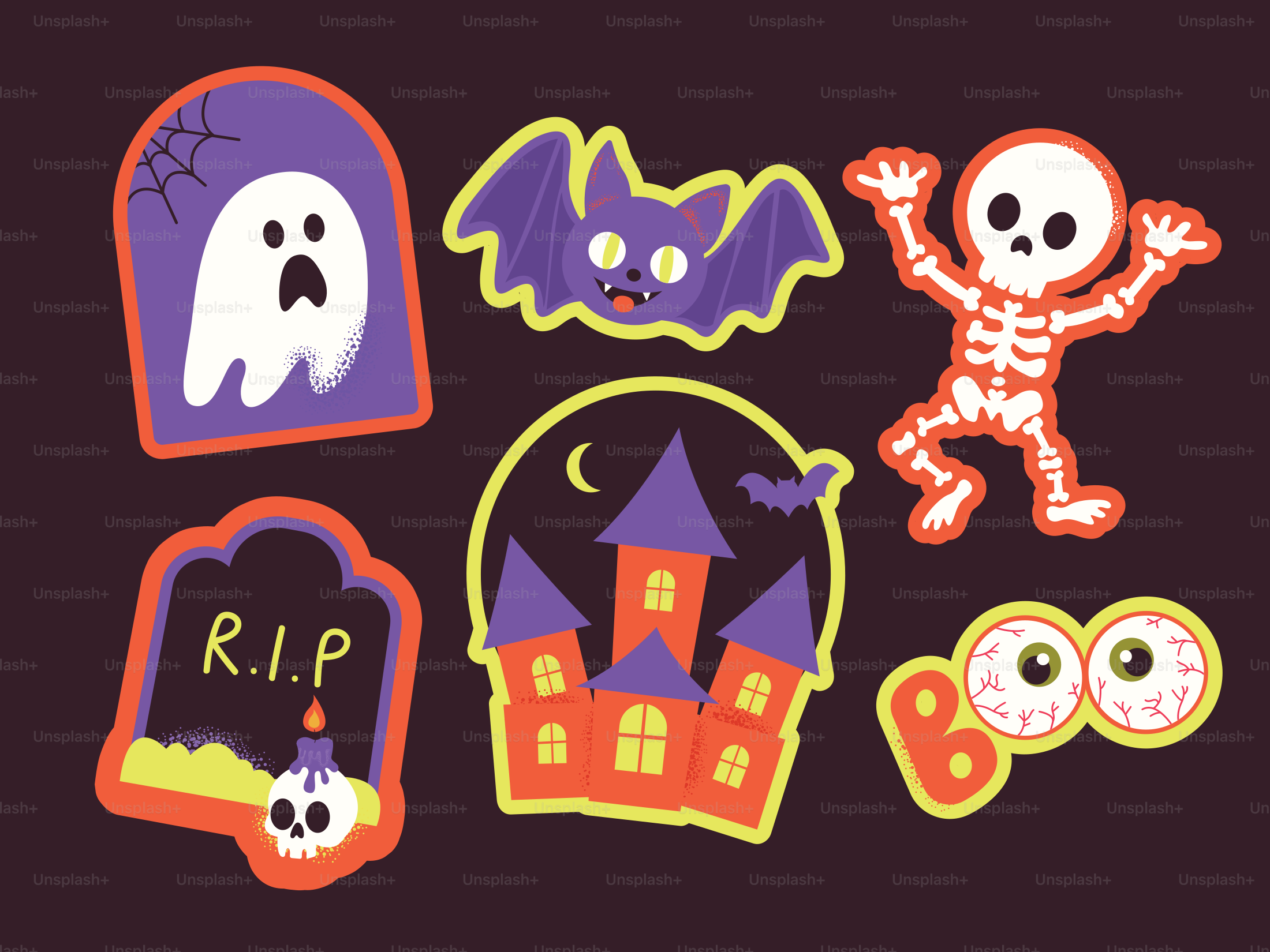 Adesivos de Halloween com fantasma, morcego, esqueleto, lápide, casa mal-assombrada e globos oculares