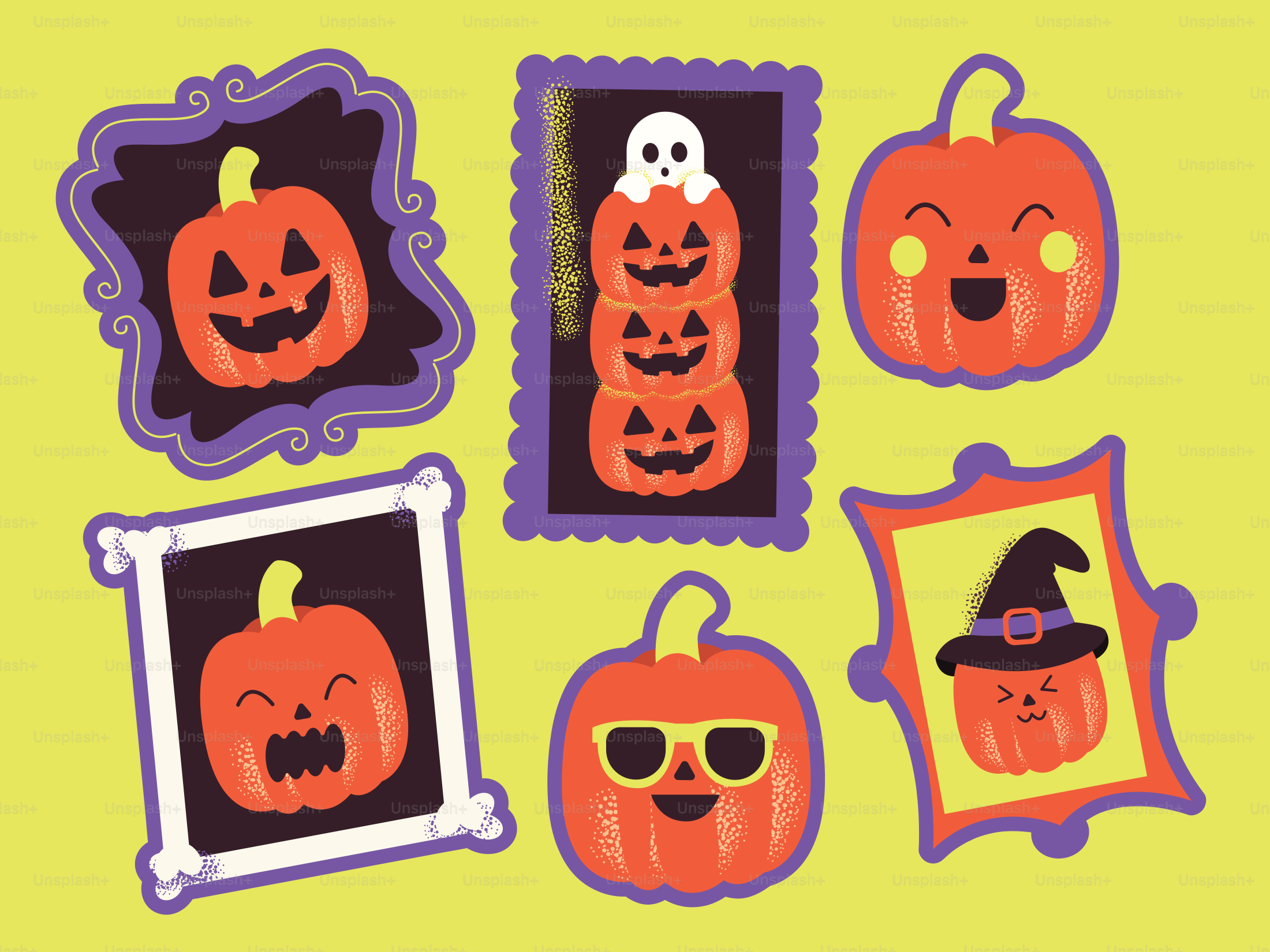 Uma coleção de abóboras ilustradas em vários quadros e estilos para o Halloween