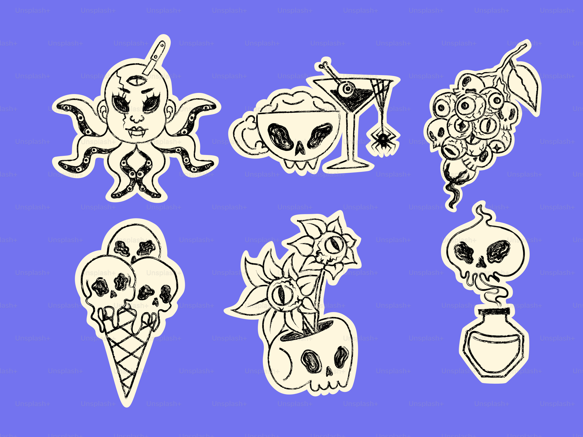 A line drawing of six spooky Halloween stickers on a purple background