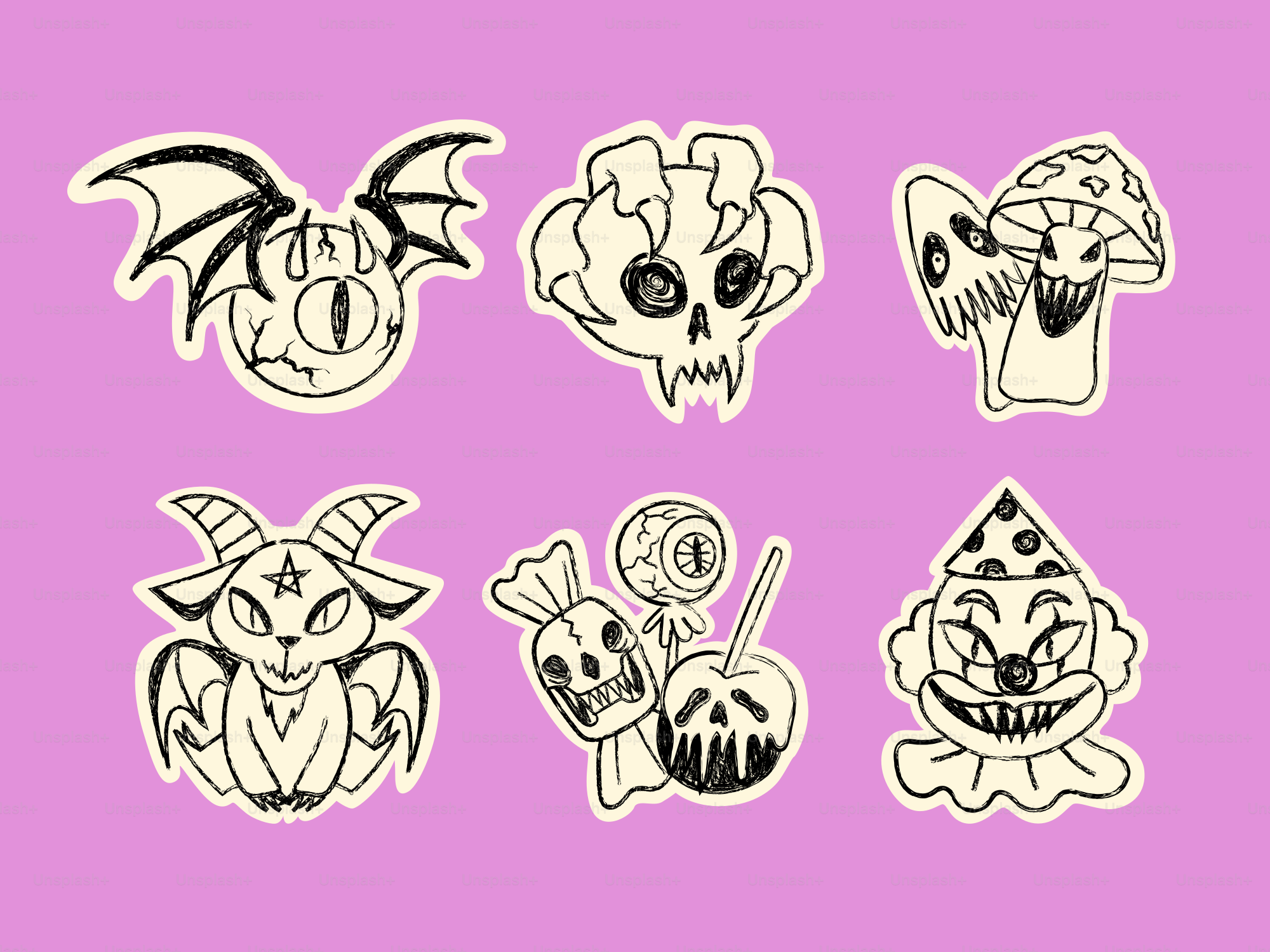 A line drawing of six spooky Halloween stickers including a winged eye, skull, mushrooms, and a clown