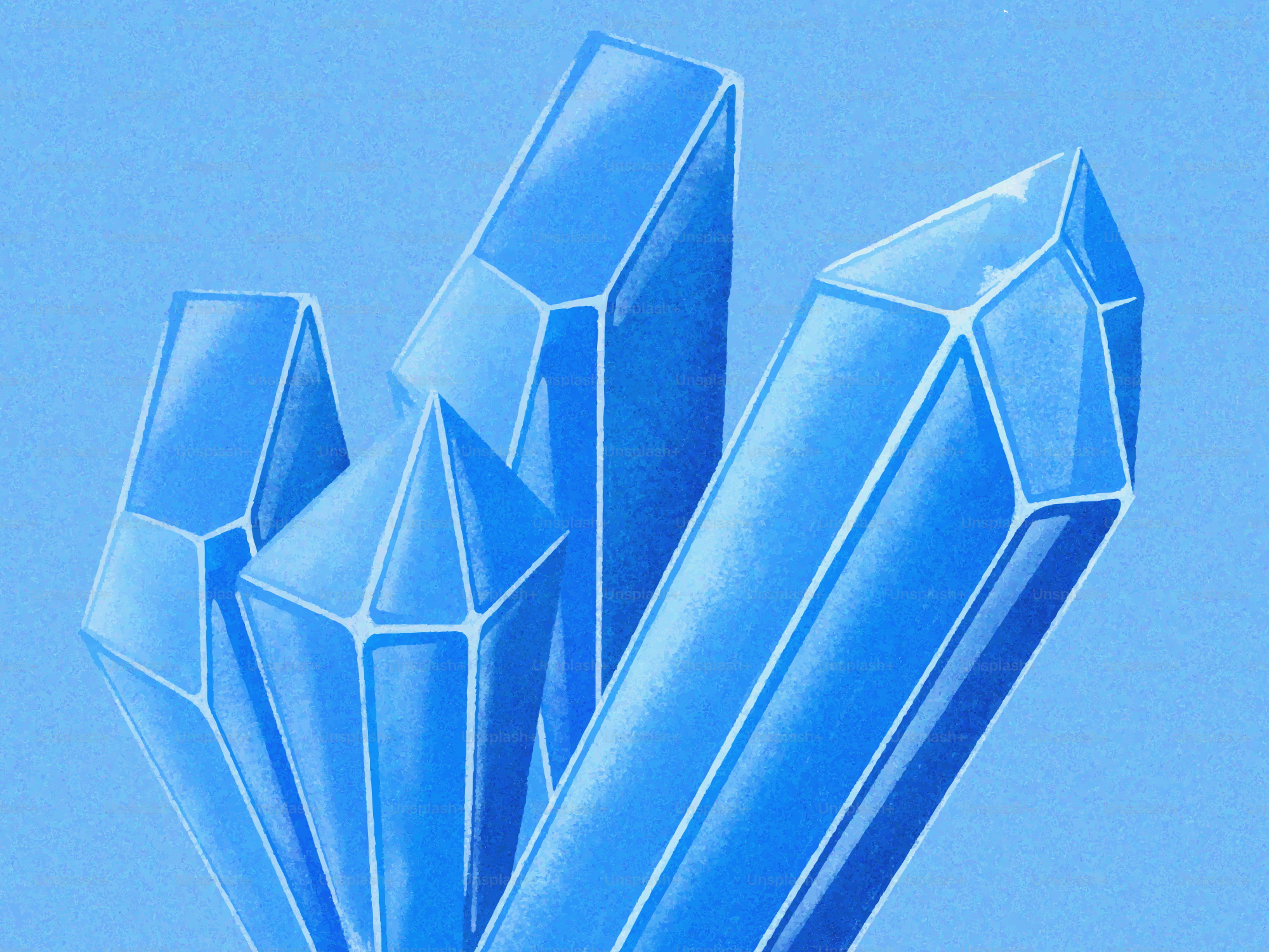 An illustration of three faceted blue crystals against a matching light blue background