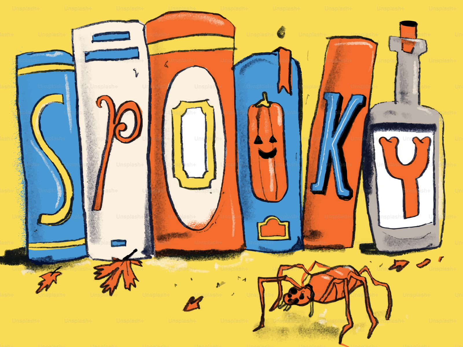 Spooky books and bottle illustration - Vector Illustration on Unsplash+
