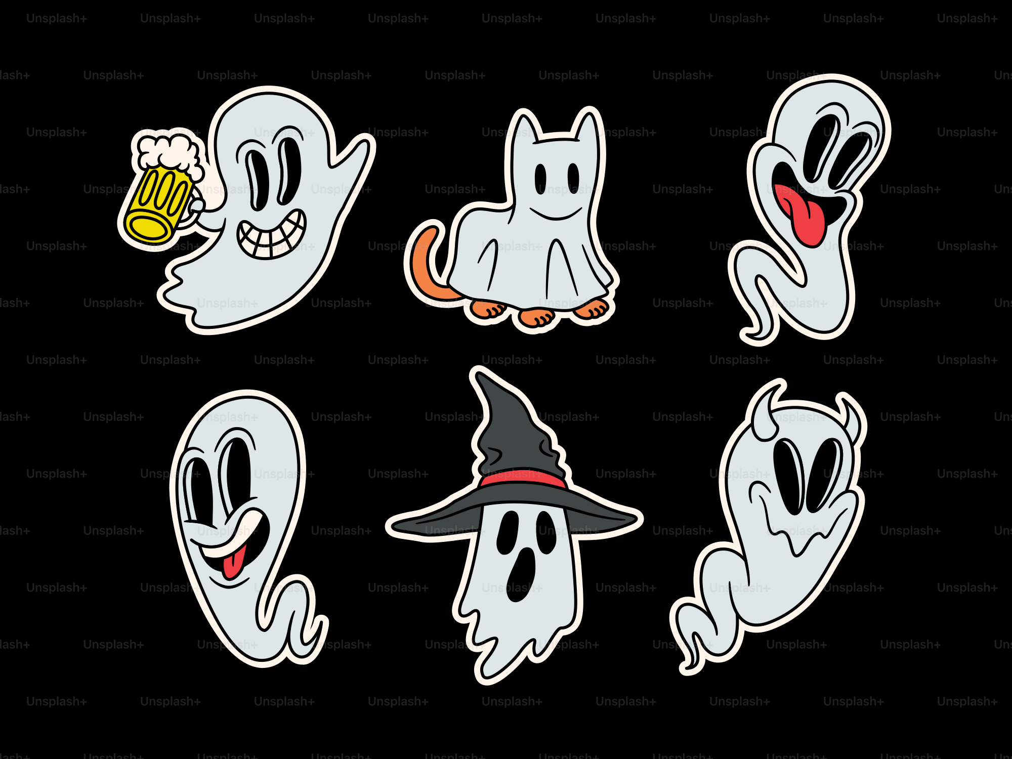 Cartoon ghost stickers on black background - Vector Illustration on ...