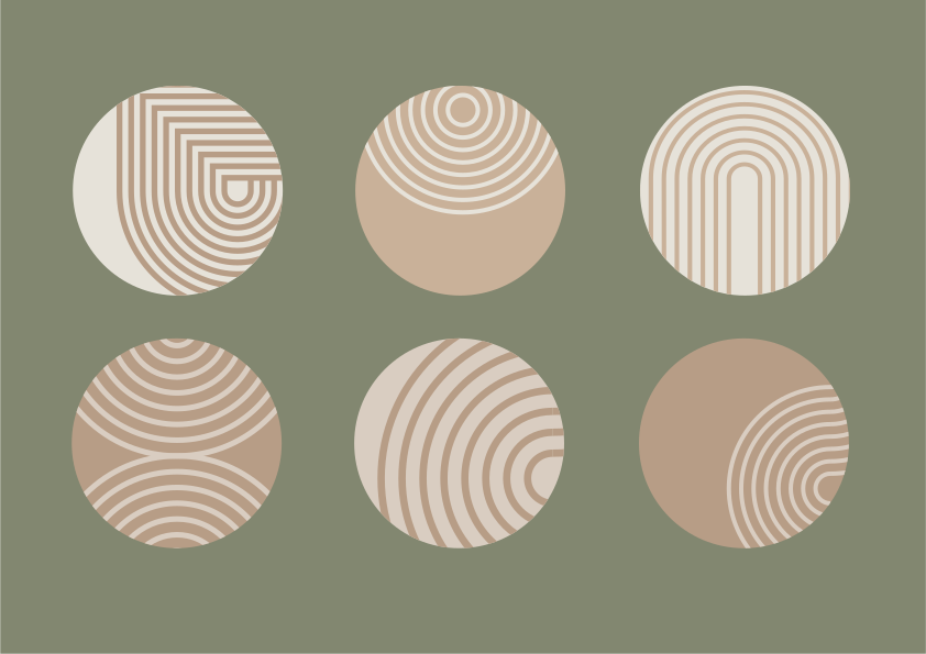 Seis ícones circulares com padrões geométricos de linhas bege e creme sobre um fundo verde suave
