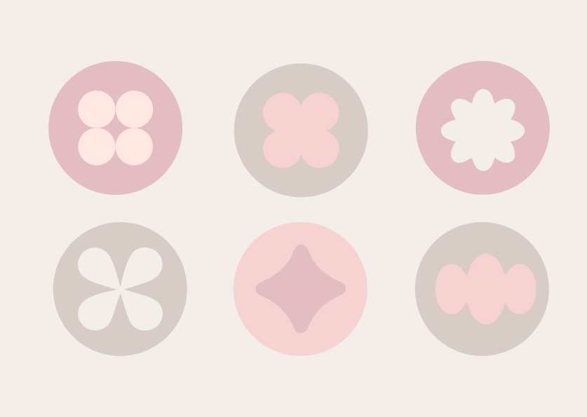 Uma ilustração vetorial de seis ícones circulares com várias formas abstratas em tons de rosa e cinza