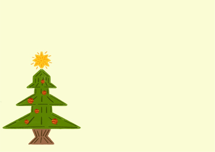 Uma ilustração de uma árvore de Natal verde com enfeites vermelhos e uma estrela amarela sobre fundo claro