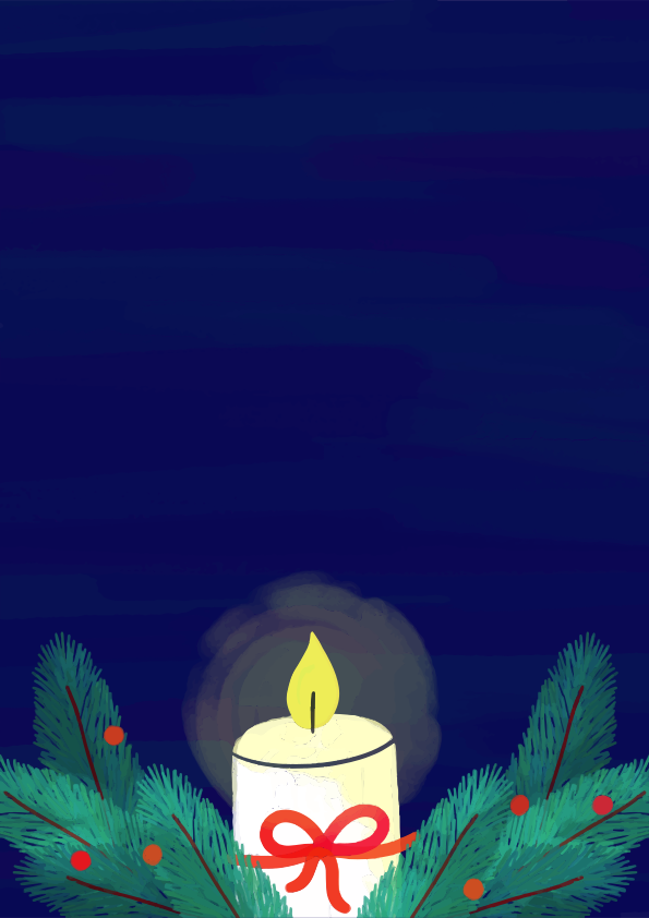 松の枝に囲まれた赤いリボンの灯されたろうそくのイラスト