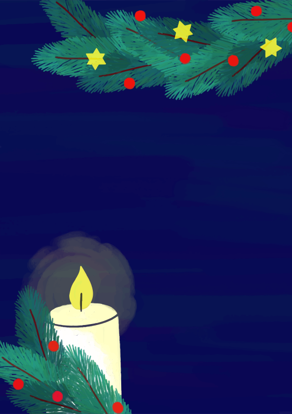 赤い実と黄色い星が描かれたろうそくと松の枝のイラスト