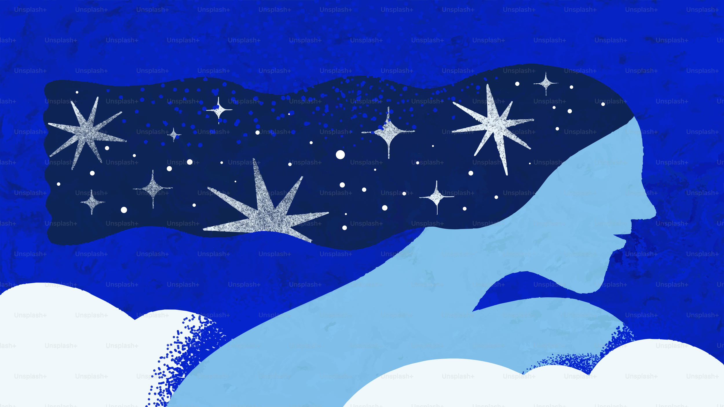 An illustration of a person in profile with long hair filled with glowing white stars