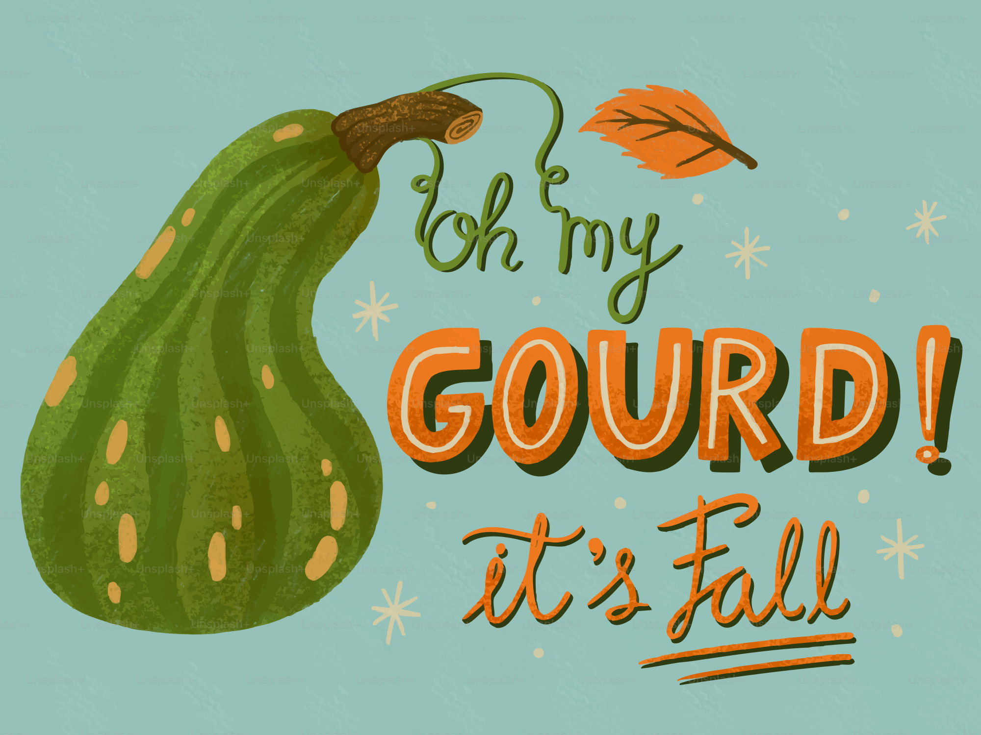 Une illustration d’une courge verte avec une feuille et un texte disant Oh mon DIEU ! c’est l’automne