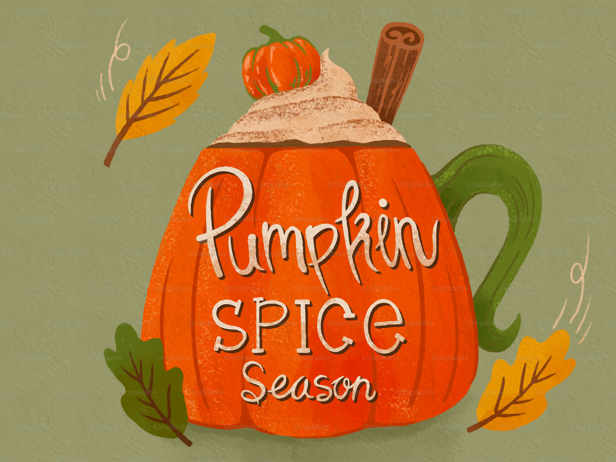 Une illustration d’une tasse en forme de citrouille avec de la crème fouettée, un bâton de cannelle et des feuilles d’automne