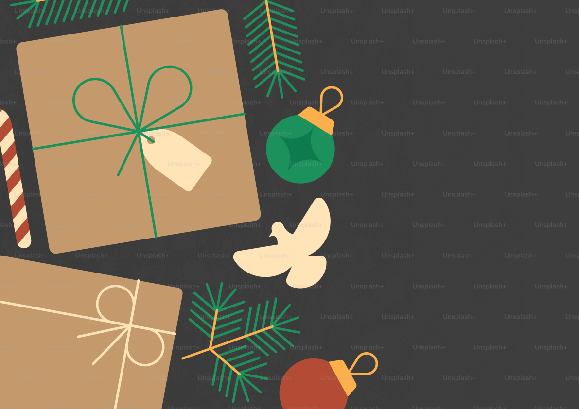 Eine Vektorillustration von Weihnachtsgeschenken, Kiefernzweigen, Ornamenten und einer Taube auf dunklem Hintergrund