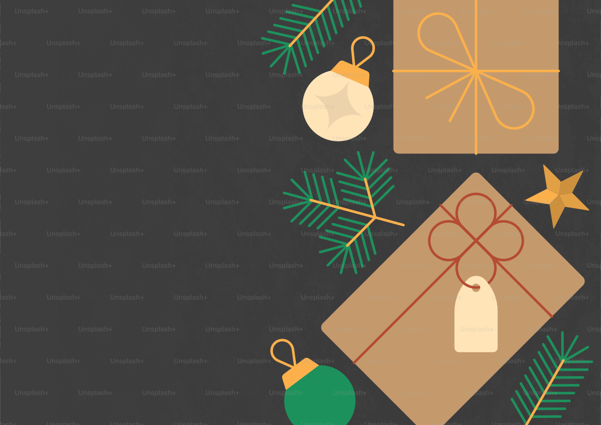 Eine Vektorillustration von Weihnachtsgeschenken, Kiefernästen und Ornamenten auf einem dunkelgrauen Hintergrund