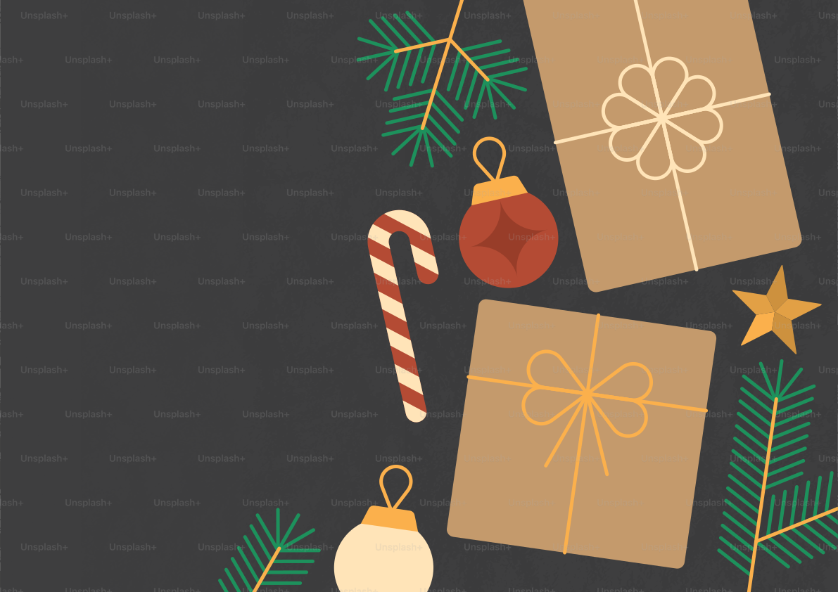Eine Vektorillustration von Geschenkboxen, Zuckerstangen, Ornamenten und Kiefernzweigen auf dunklem Hintergrund