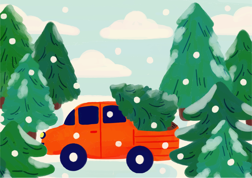 雪に覆われた森をクリスマスツリーを運ぶオレンジ色のピックアップトラックのイラスト