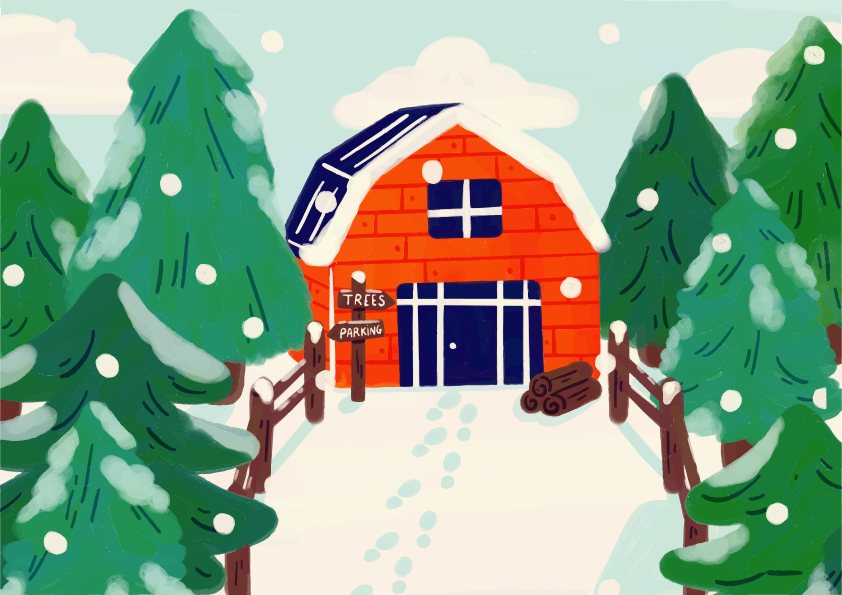 松の木と木製の柵が並ぶ雪の森の中の赤い納屋のイラスト