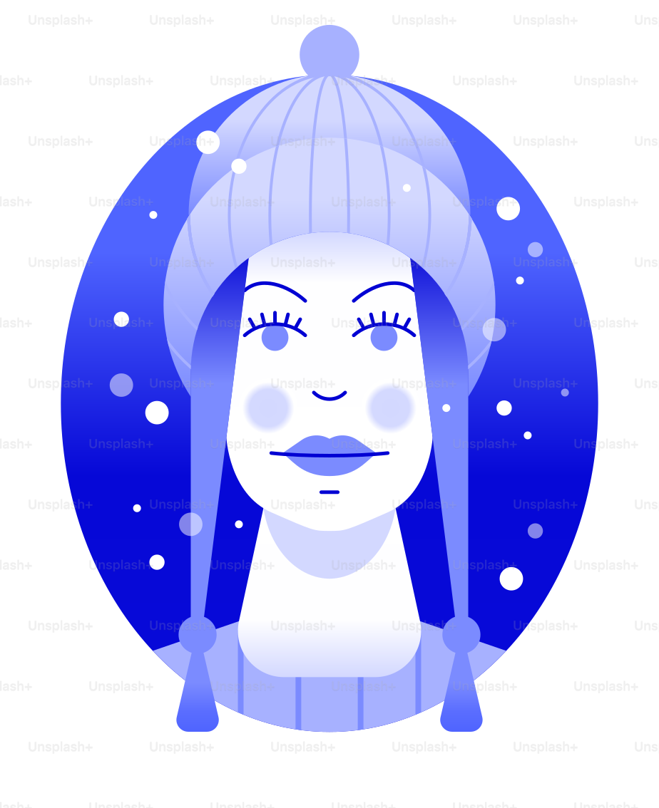Eine Vektorillustration einer Frau mit einem Winterhut mit Zöpfen vor blauem Hintergrund