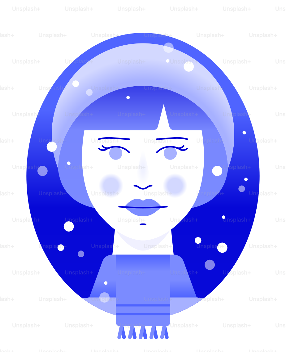 Eine Illustration einer Person mit einem Bob-Haarschnitt, die einen Schal in einem blauen Farbverlaufskreis trägt