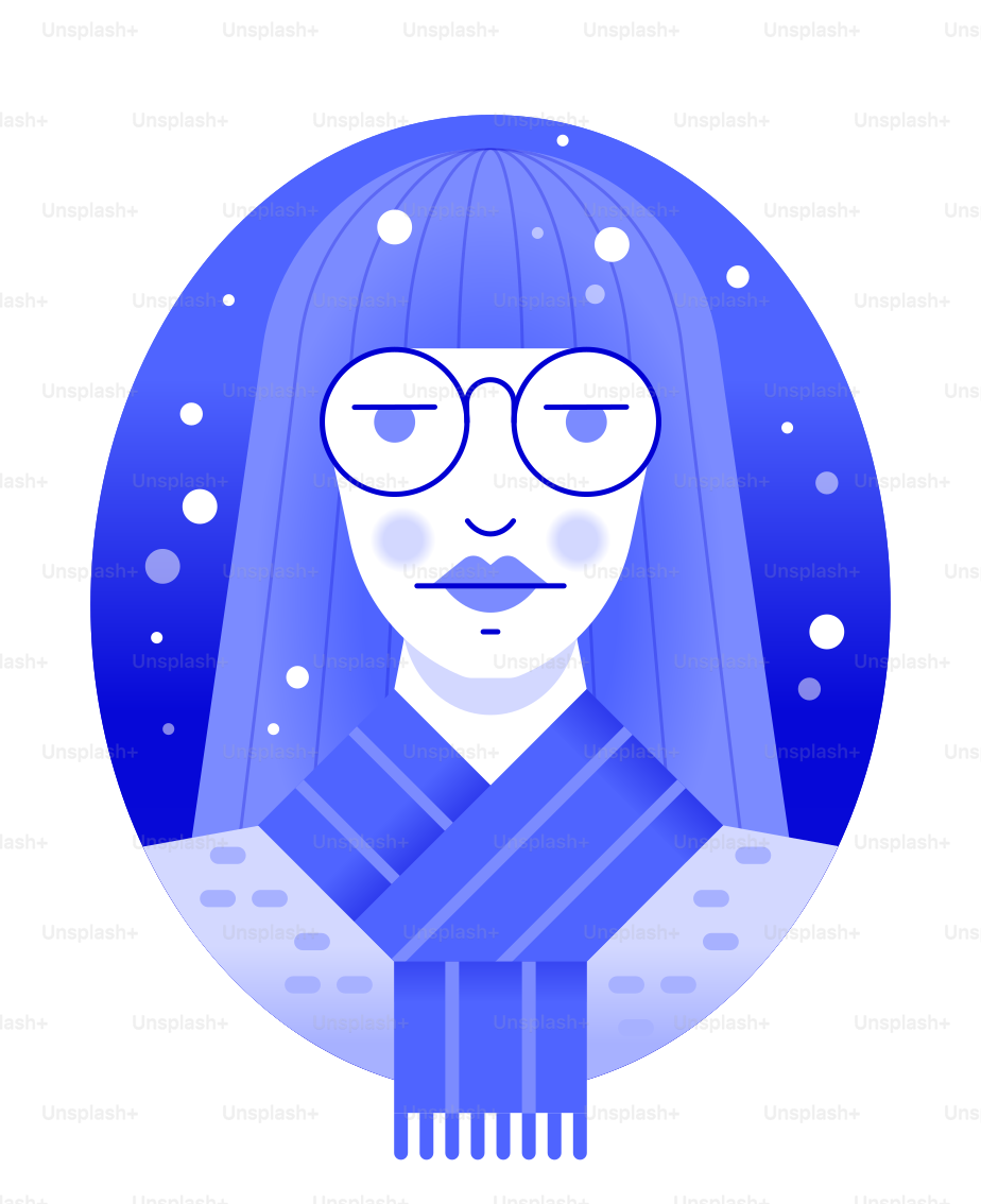 Eine Illustration einer Person mit langen Haaren und runden Brillen, die einen Schal trägt