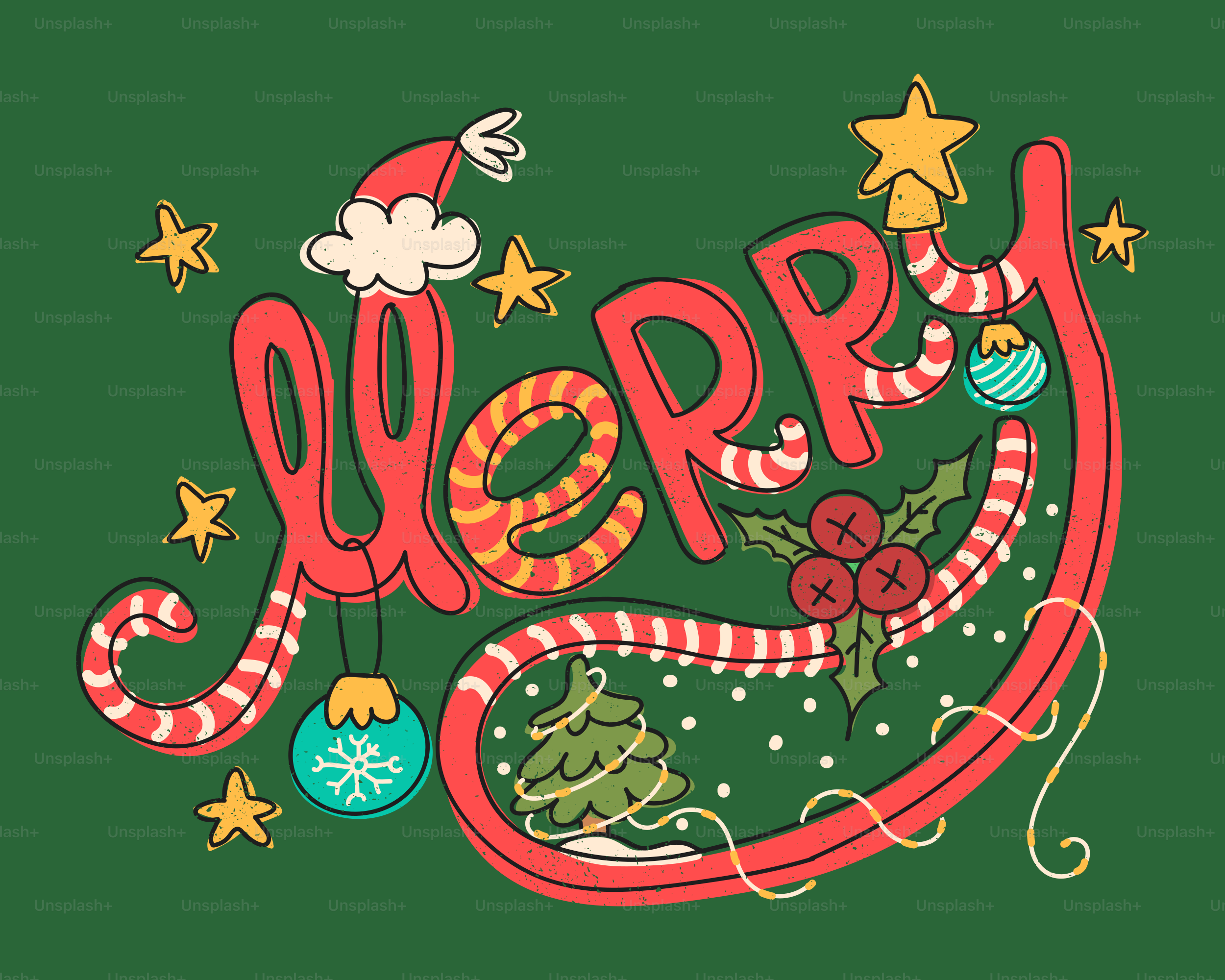 赤い文字で「Merry」という言葉のイラストにキャンディケインの縞模様、ヒイラギ、クリスマスの飾りが描かれています