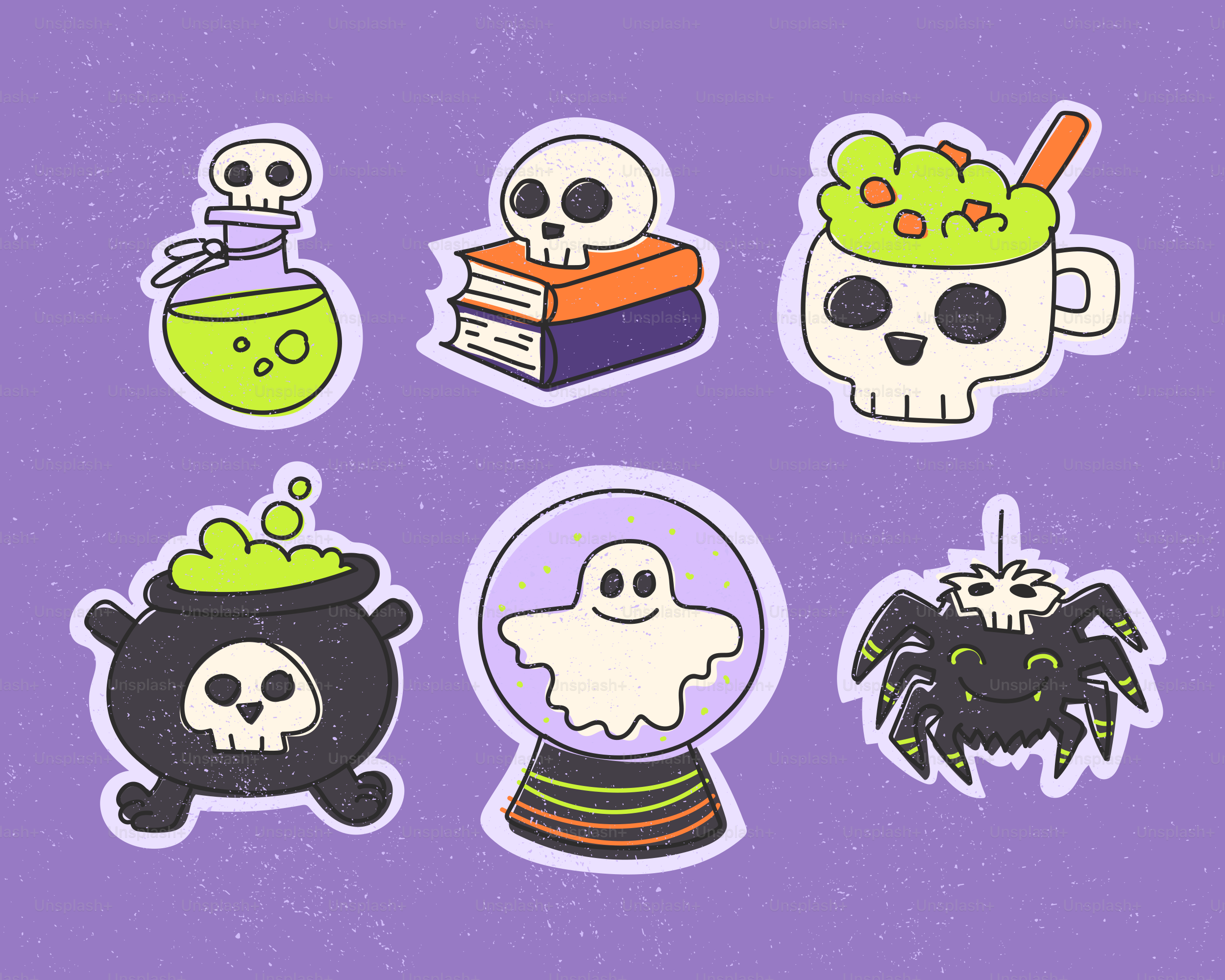 紫色の背景に不気味なモチーフが入った6枚のハロウィンステッカーのイラスト