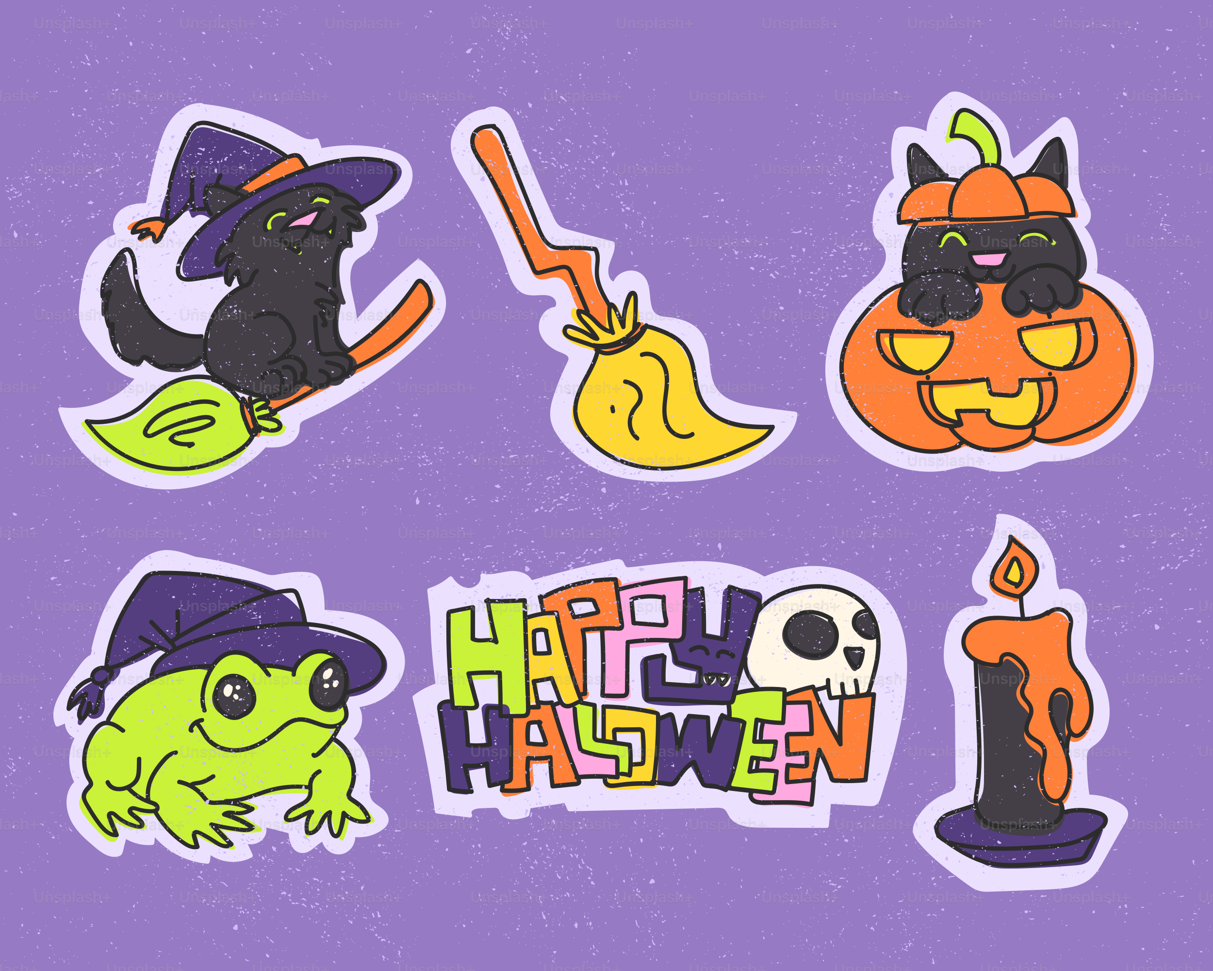 ほうきに乗った猫、カボチャ、カエル、キャンドルを含むハロウィンステッカーのイラスト