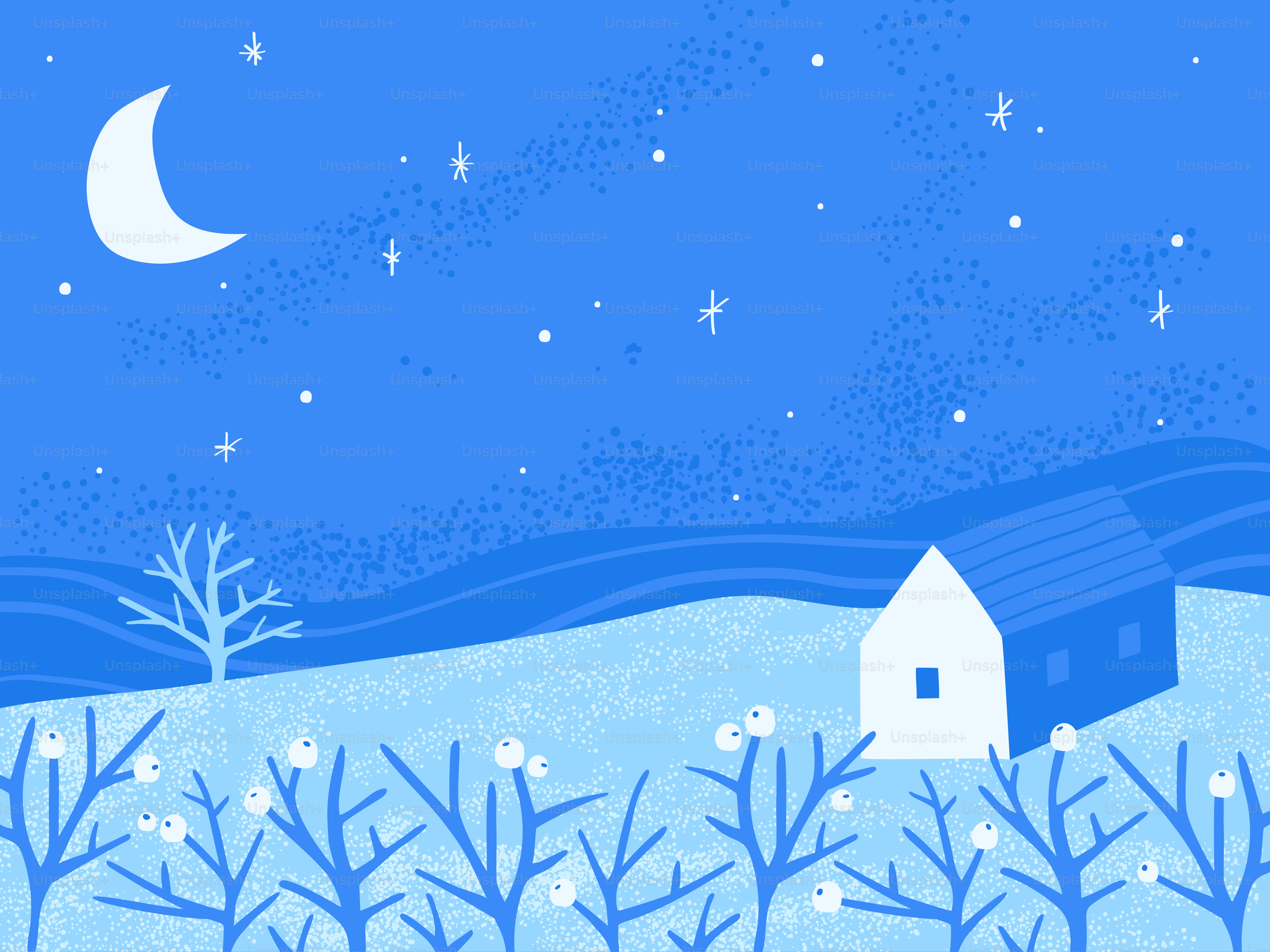 An illustration of a small house in a snowy landscape under a crescent moon and stars