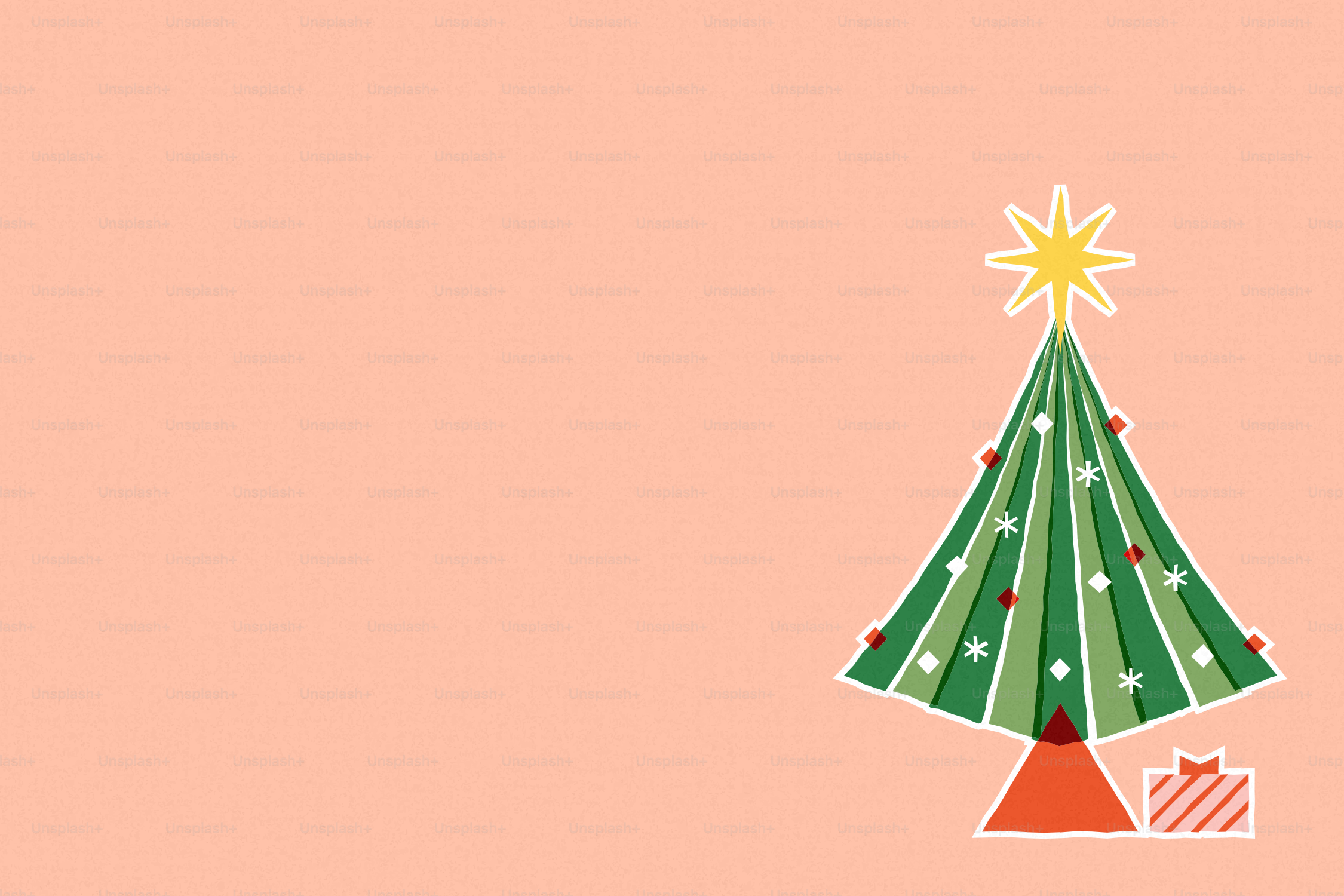 A vector illustration of a stylized green Christmas tree with a yellow star on a peach background