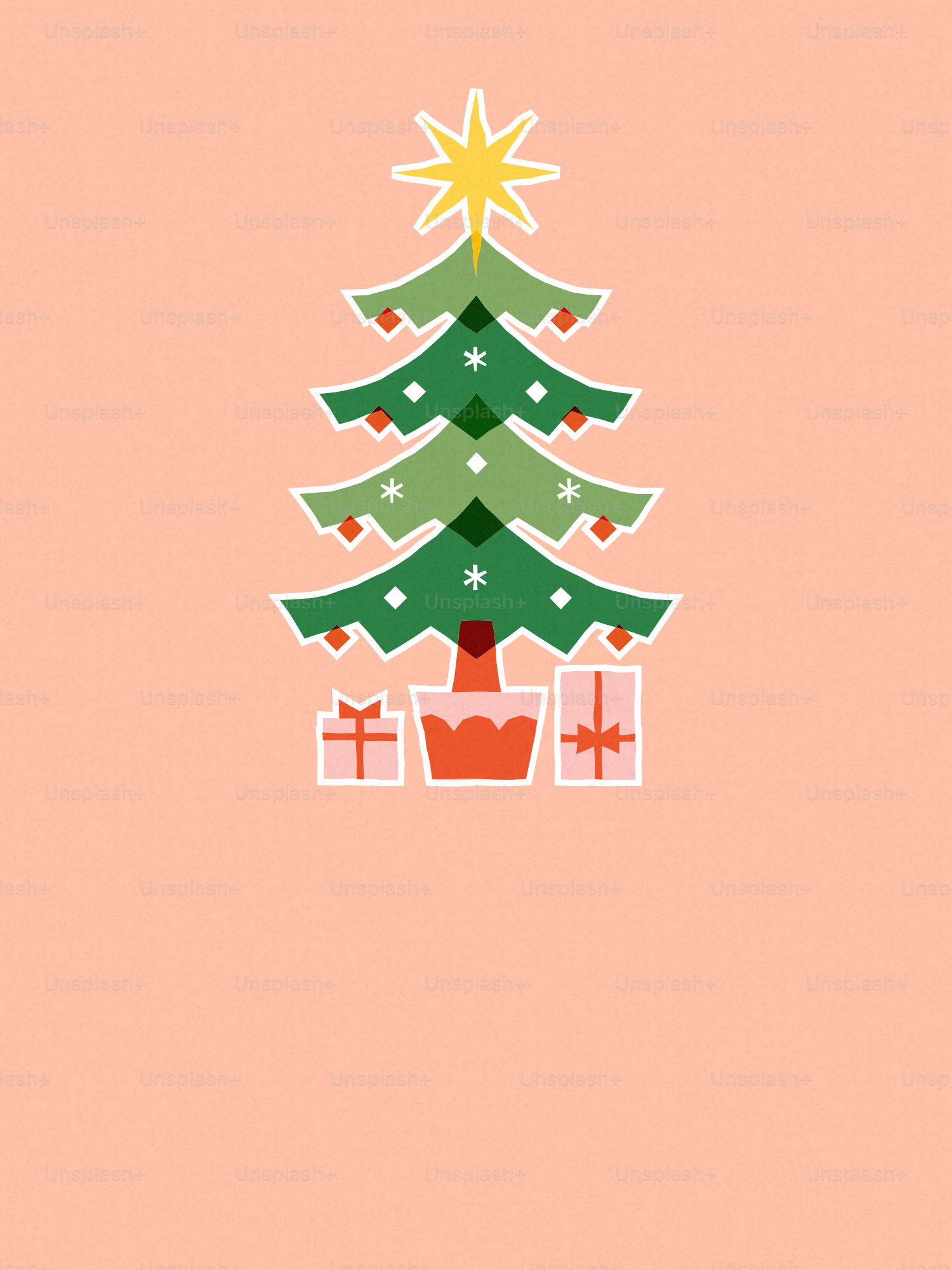 A vector illustration of a stylized Christmas tree with a yellow star and gifts