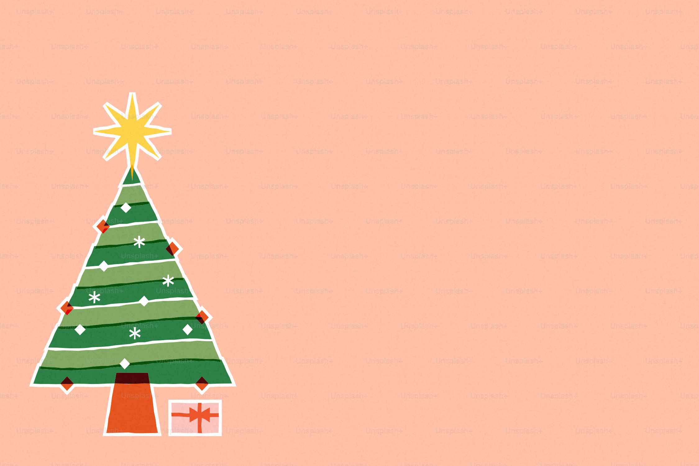 An illustration of a green Christmas tree with a yellow star on a peach background