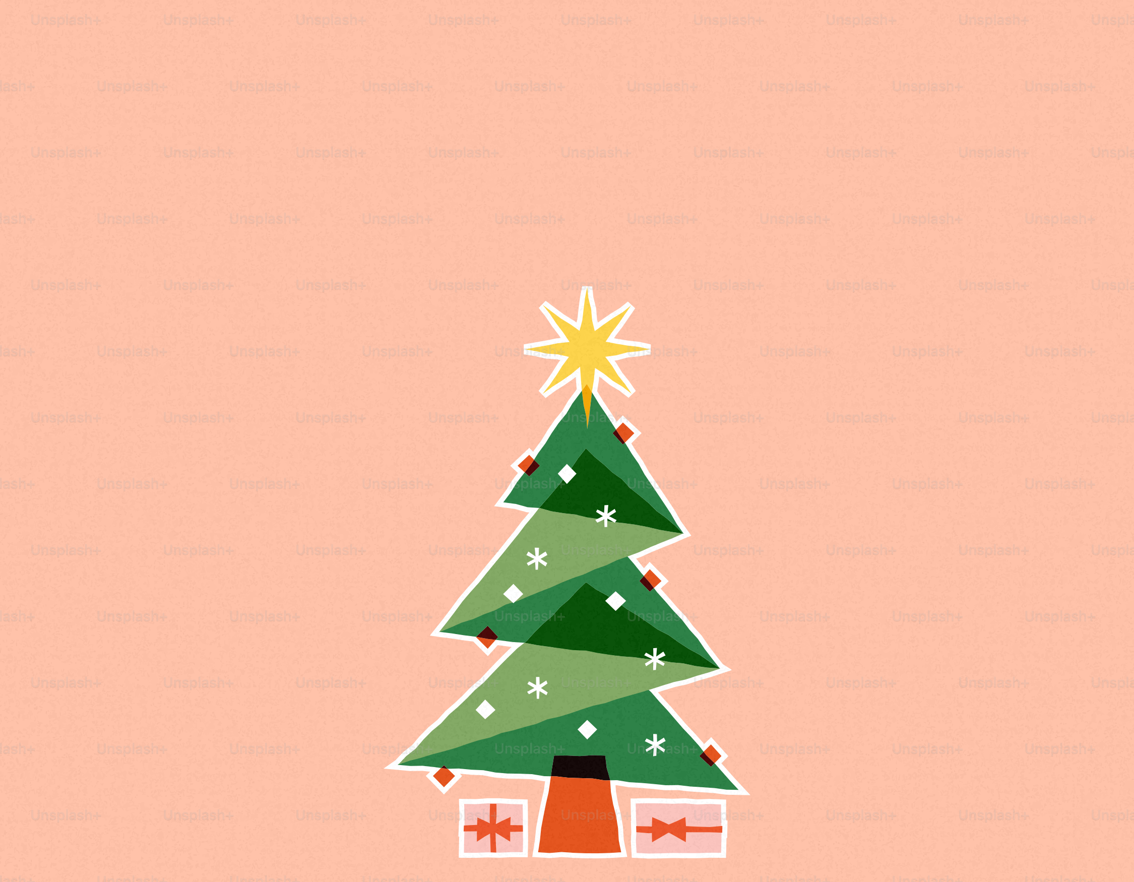 An illustration of a stylized green Christmas tree with a yellow star on a peach background