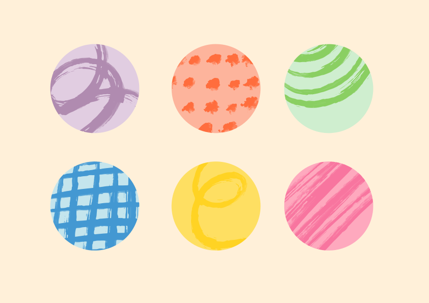 Uma ilustração vetorial de seis círculos coloridos com vários padrões pintados à mão sobre um fundo creme claro