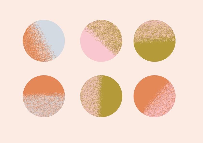 Seis formas circulares com gradientes texturizados em tons de laranja, rosa, verde-oliva e azul claro