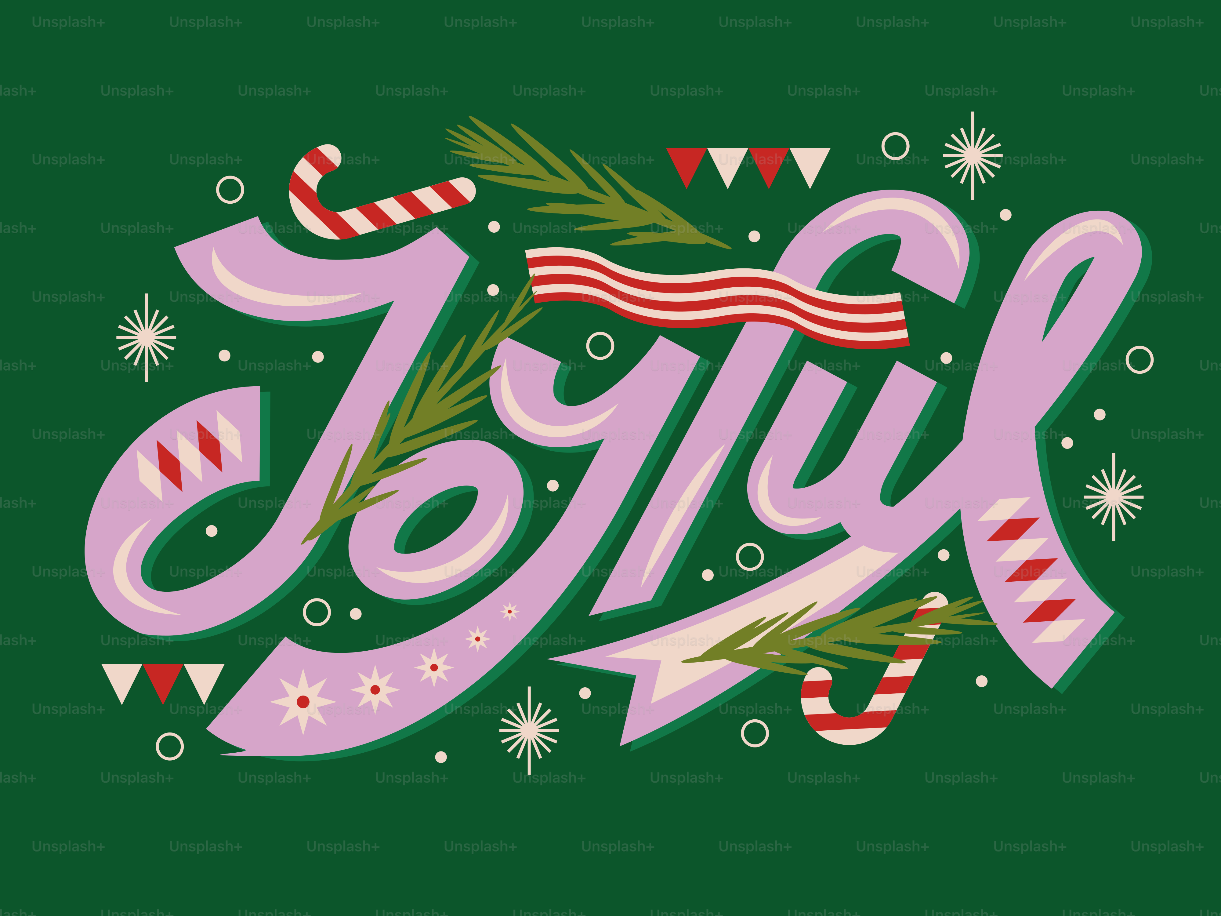 분홍 글씨로 'Joyful'이라는 단어에 사탕 지팡이와 소나무 가지가 그려진 일러스트입니다