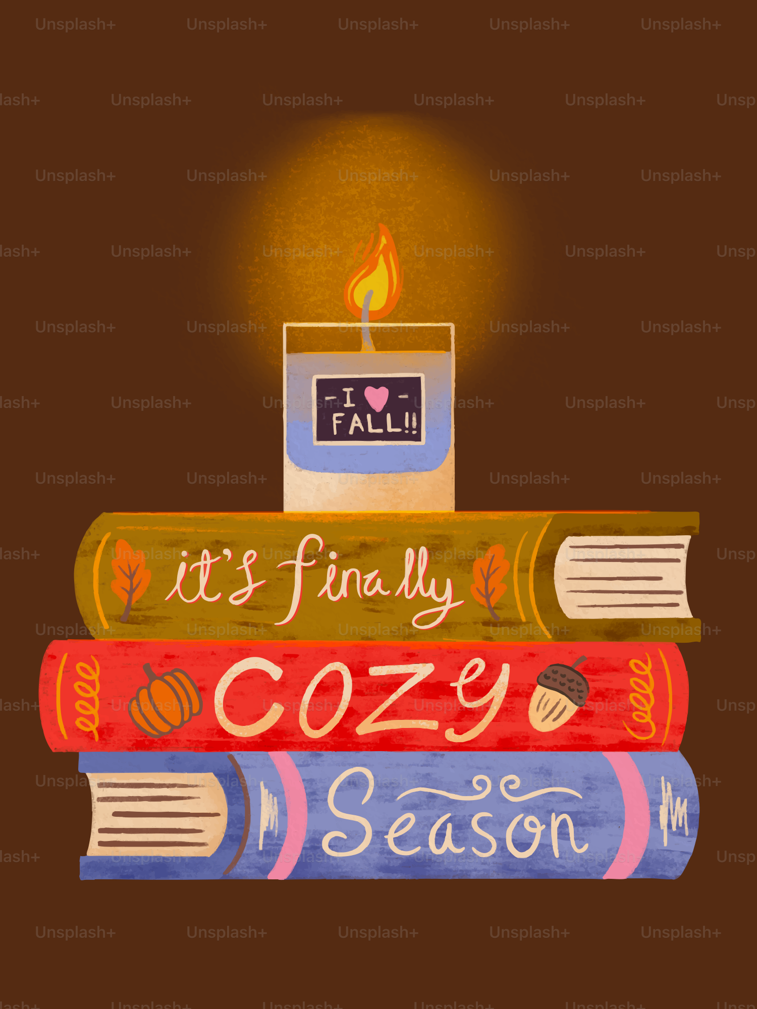 Une illustration d’une bougie allumée sur une pile de trois livres à motifs automnaux