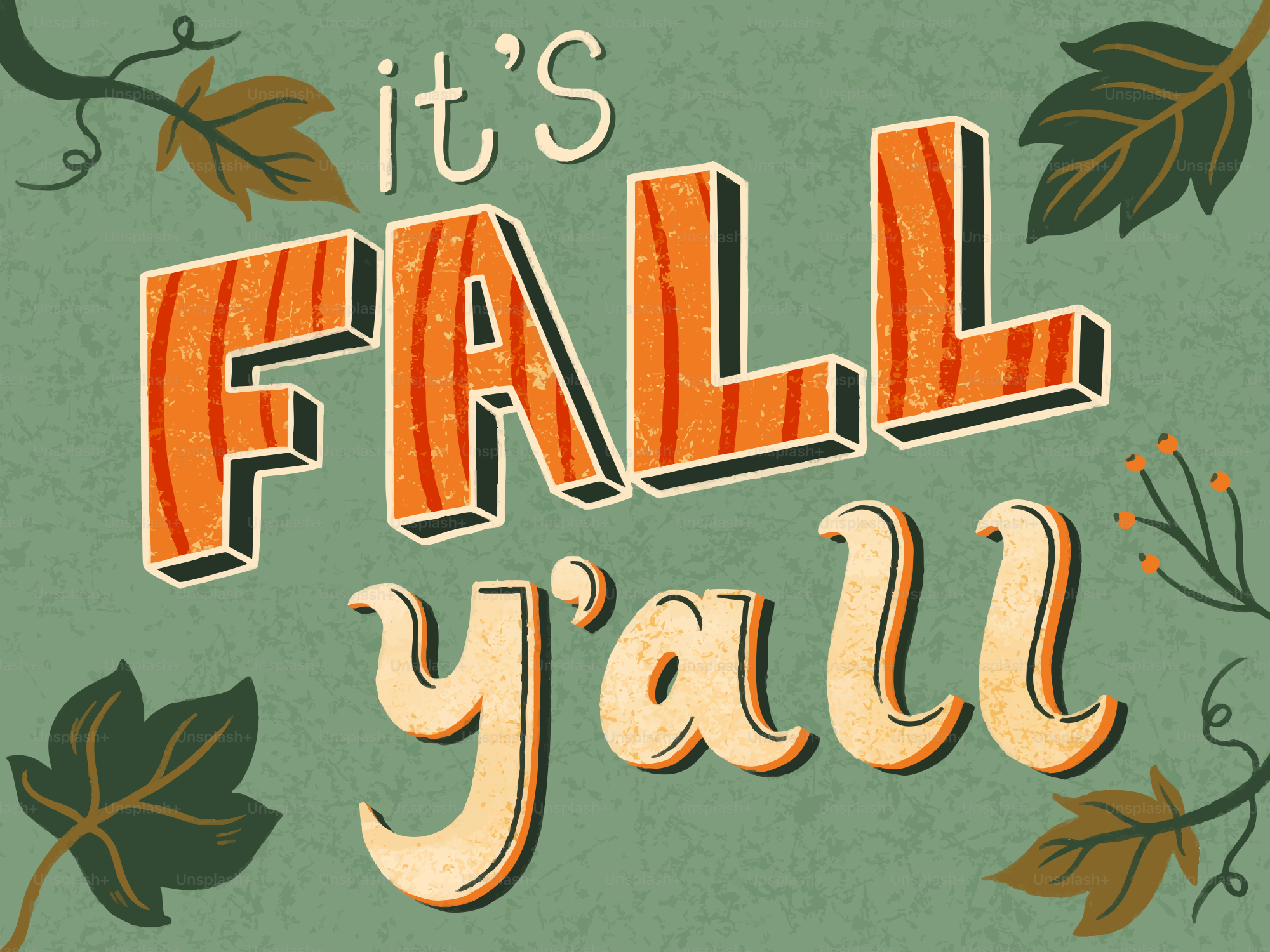 Illustration du texte : c’est AUTOMNE, vous êtes entourés de feuilles d’automne sur fond vert