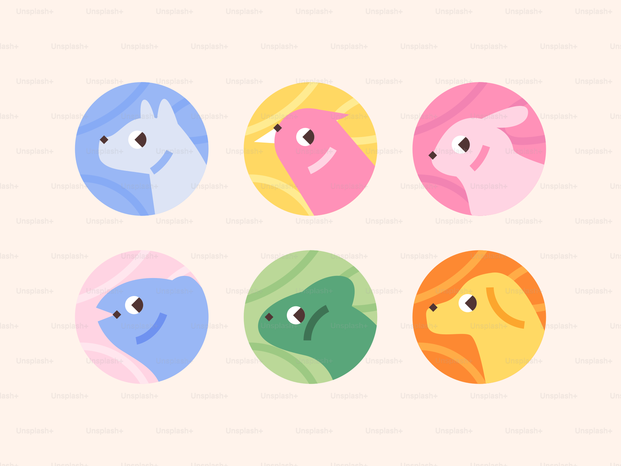 A vector illustration of six colorful circular icons featuring stylized animal heads on a light background